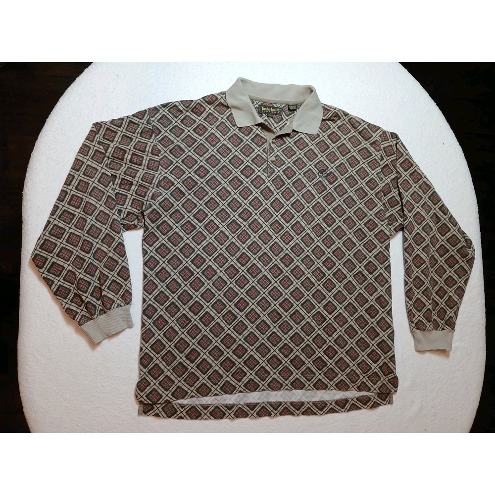 Vtg 90s Timberland Weathergear Mens XL Polo Shirt Geometric Grid‎ Plaid Beige LS